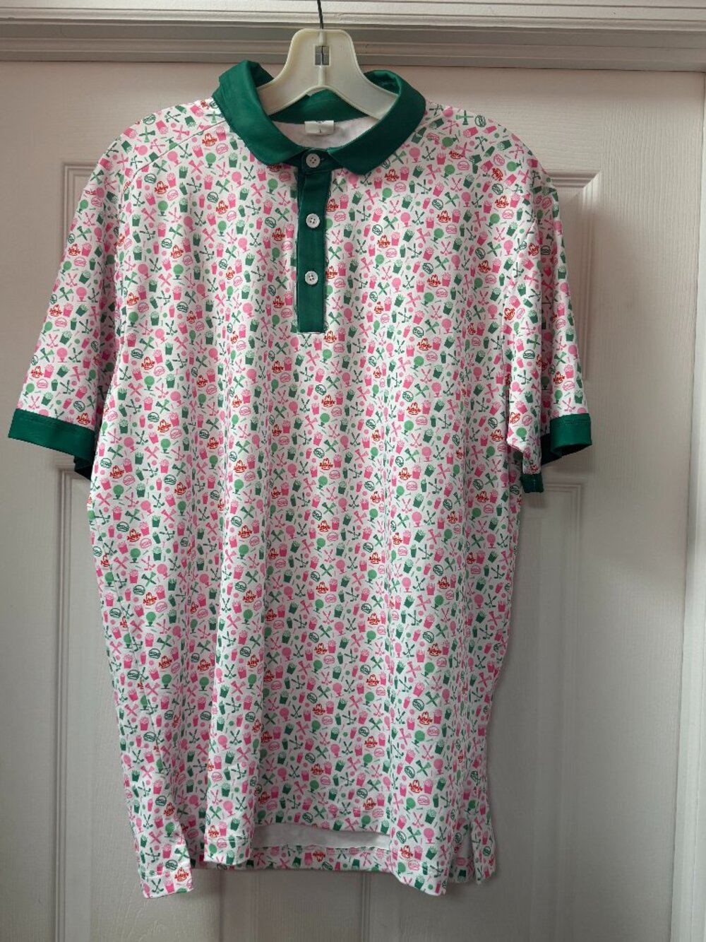 Arby’s Club Curlies Comfort White Pink Green Golf Polo NWOT size Large